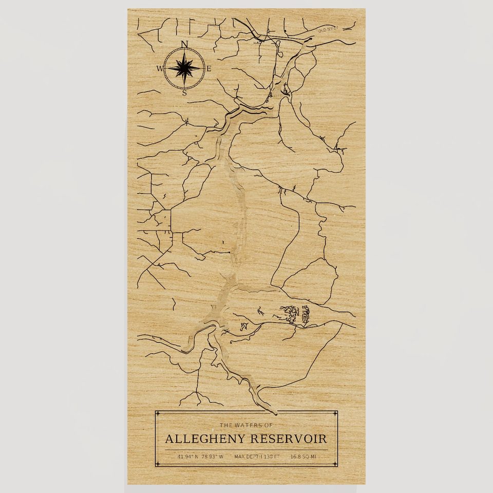 Allegheny Reservoir 3D wood map, front view