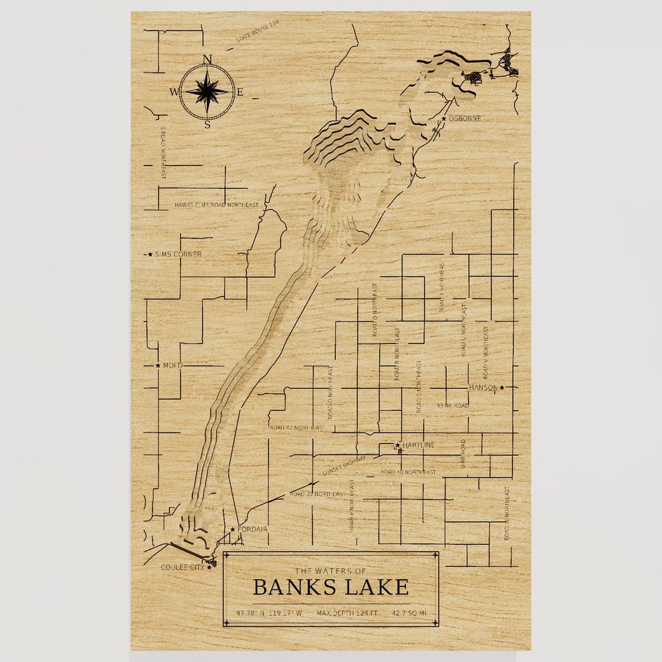 Banks Lake 3D wood map, front view