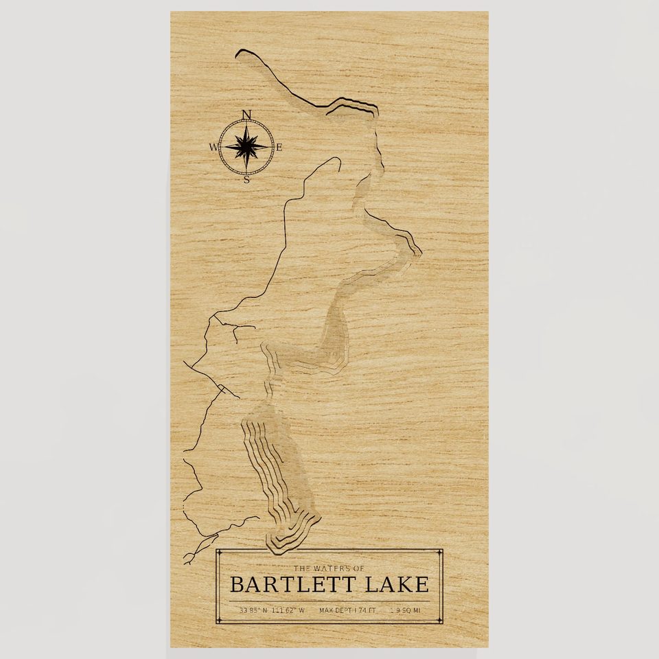 Bartlett Lake 3D wood map, front view
