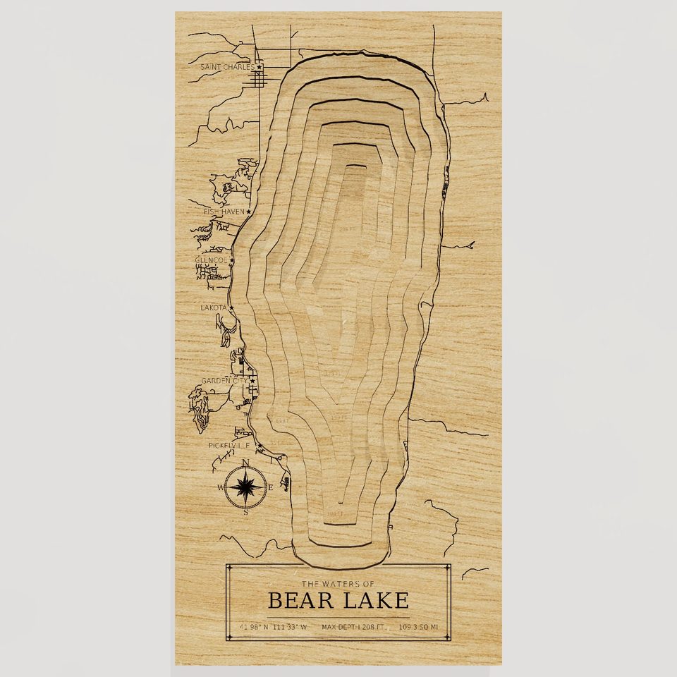 Bear Lake 3D wood map, front view