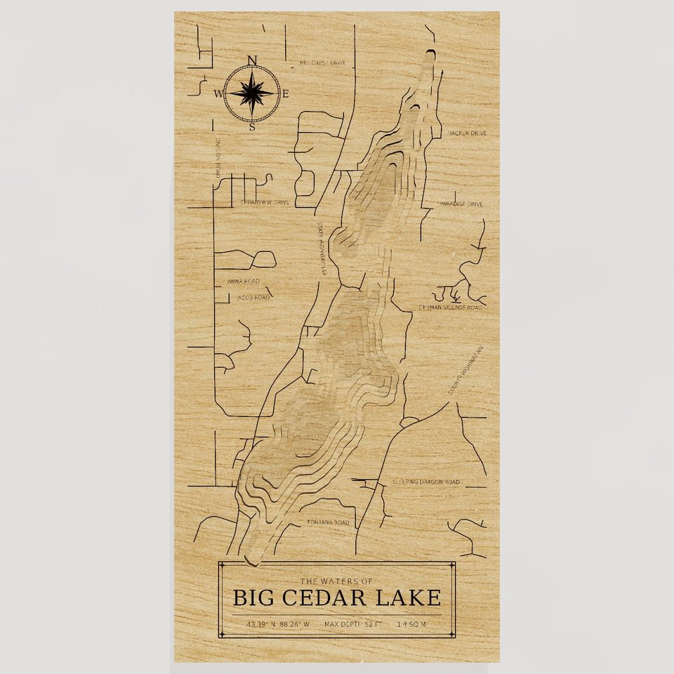 Big Cedar Lake 3D wood map, front view