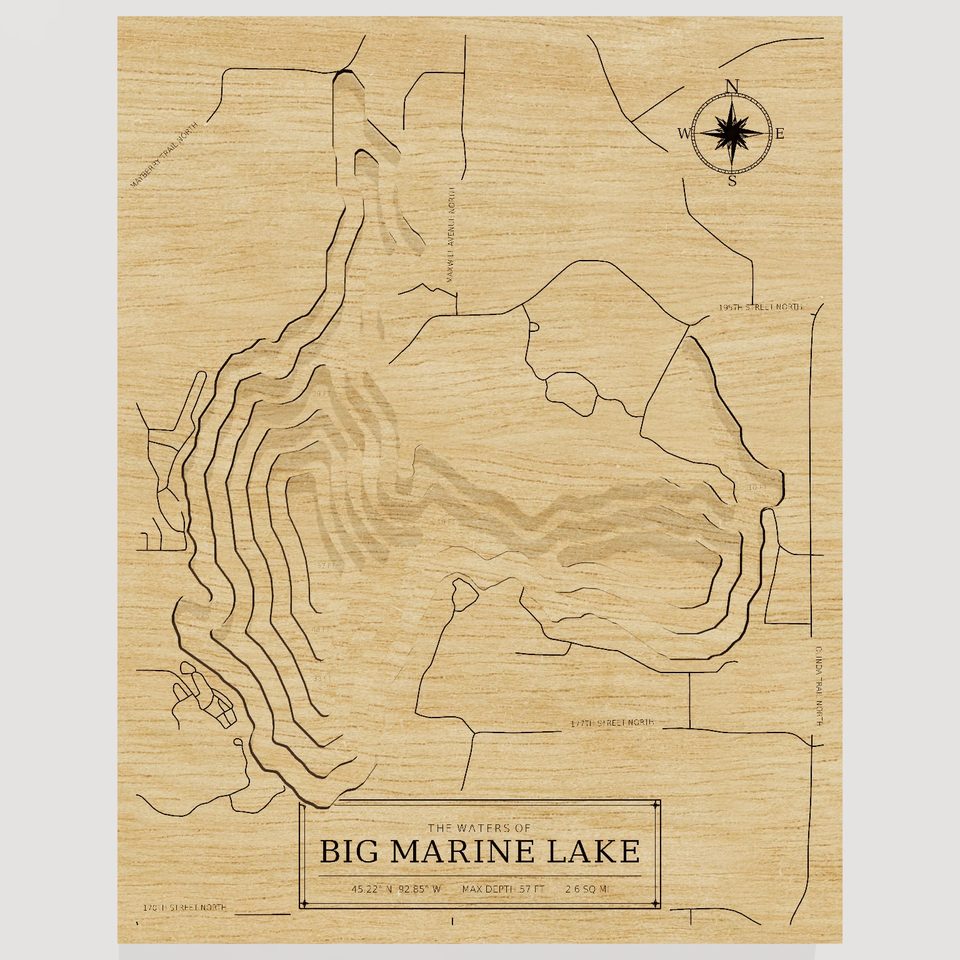 Big Marine Lake 3D wood map, front view
