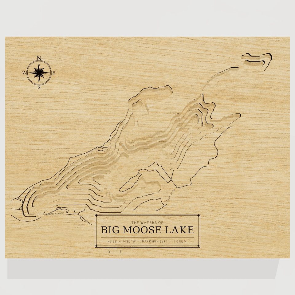Big Moose Lake 3D wood map, front view