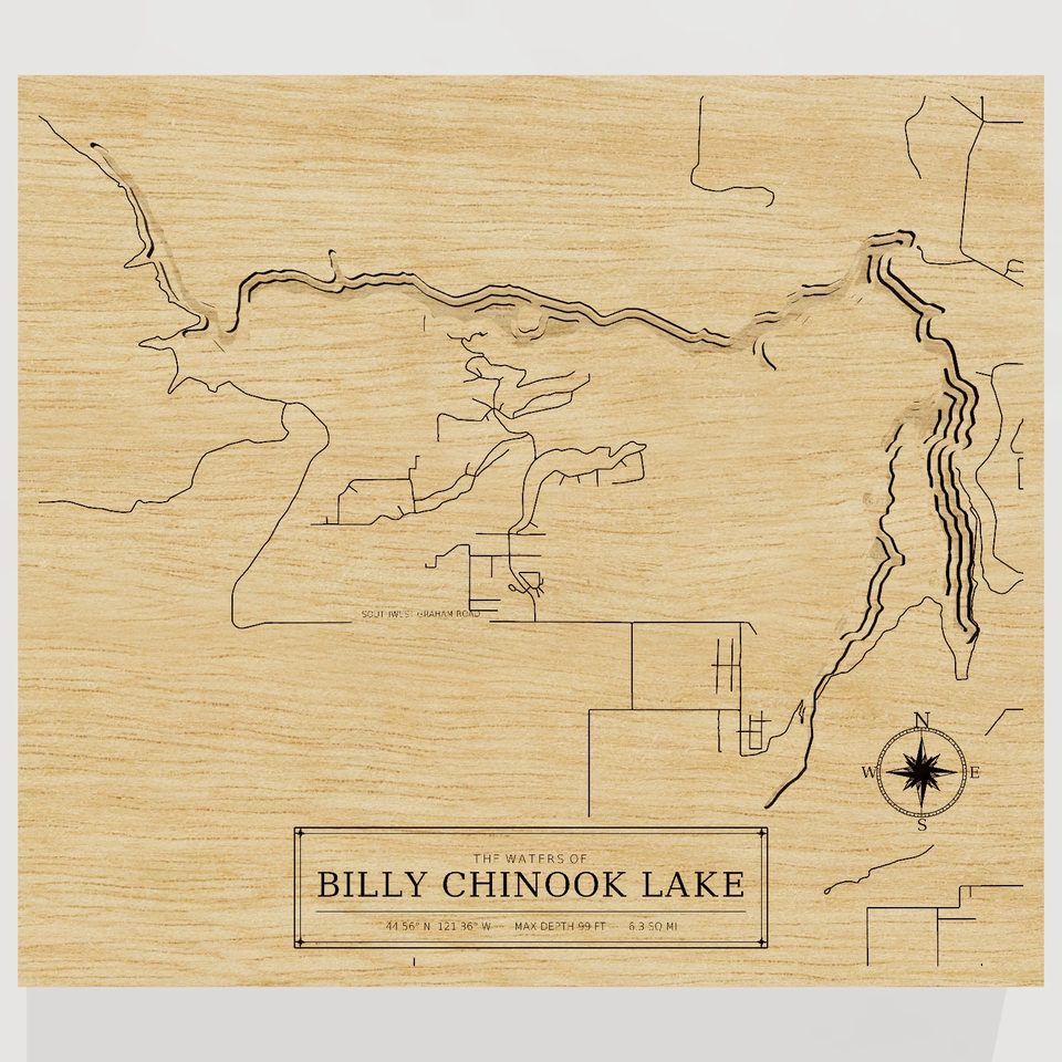 Billy Chinook Lake 3D wood map, front view