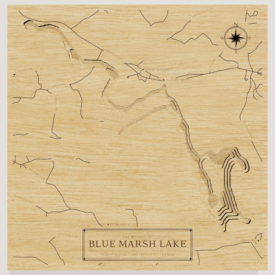 Blue Marsh Lake 3D wood map, front view