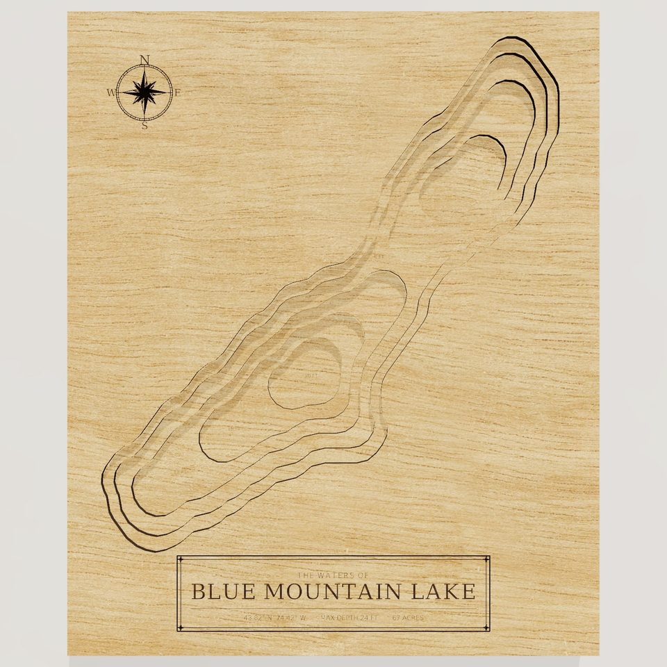 Blue Mountain Lake 3D wood map, front view