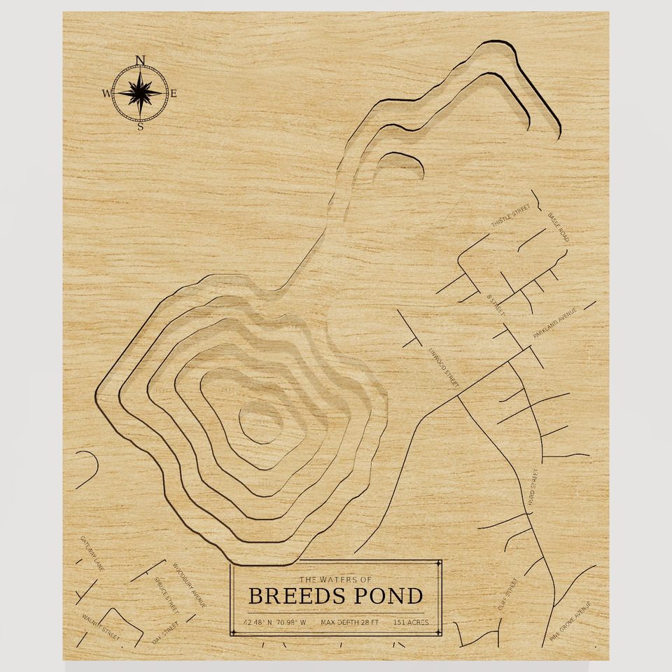 Breeds Pond 3D wood map, front view