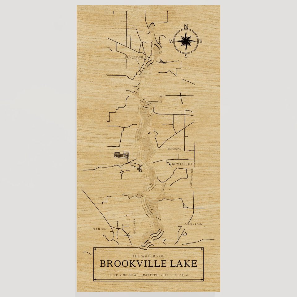 Brookville Lake 3D wood map, front view