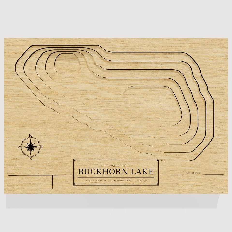 Buckhorn Lake 3D wood map, front view