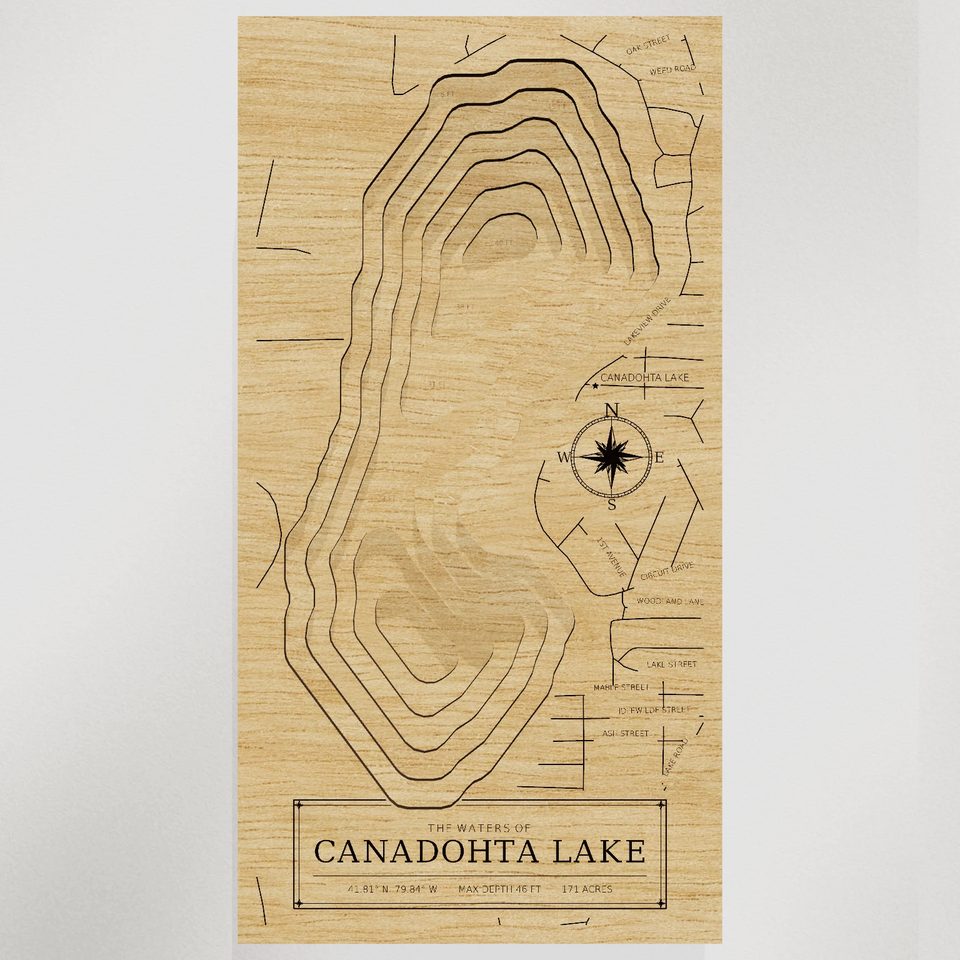 Canadohta Lake 3D wood map, front view