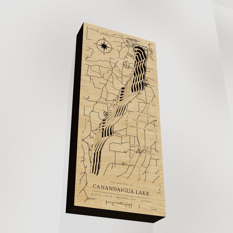 Canandaigua Lake 3D wood map, angle low view