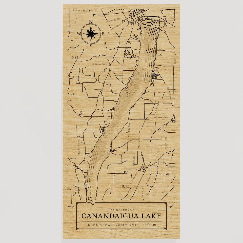Canandaigua Lake 3D wood map, front view