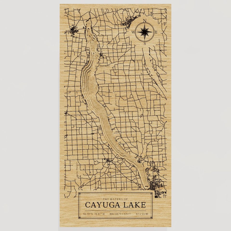Cayuga Lake 3D wood map, front view