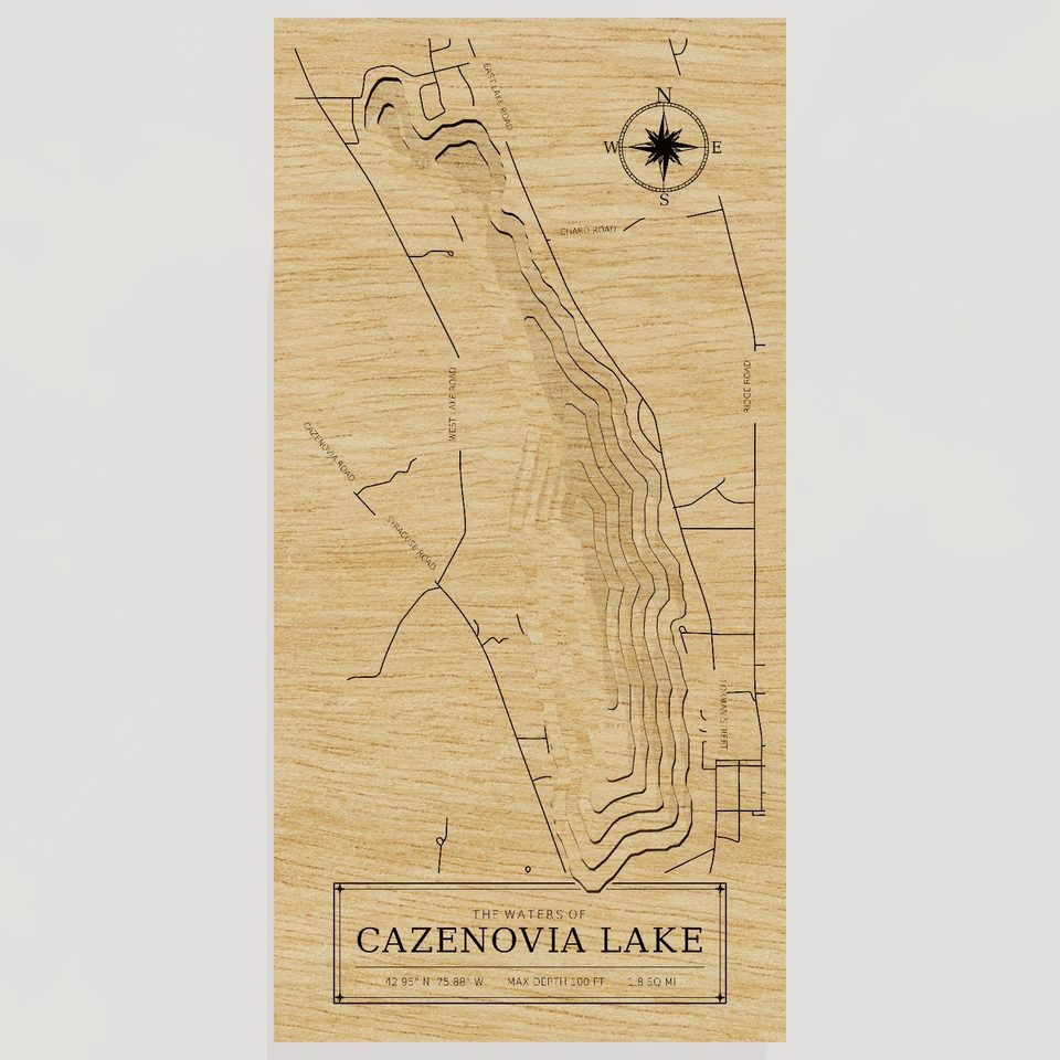 Cazenovia Lake 3D wood map, front view