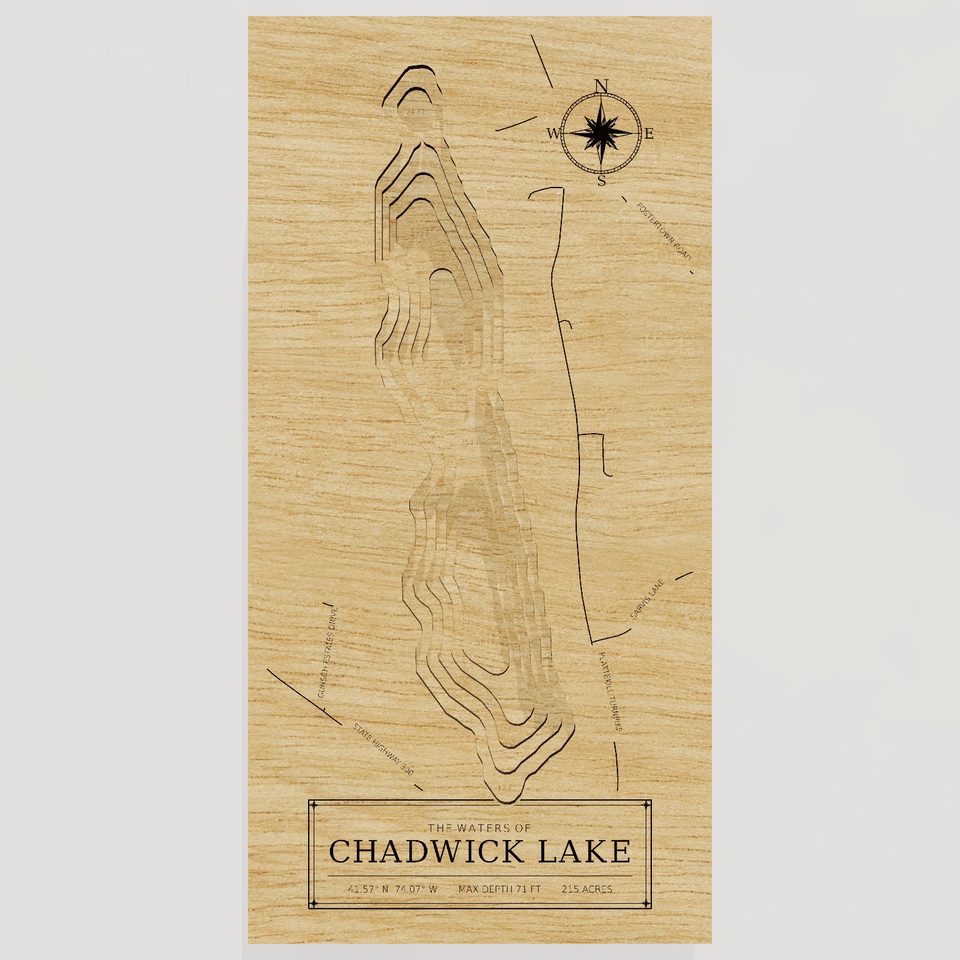 Chadwick Lake 3D wood map, front view
