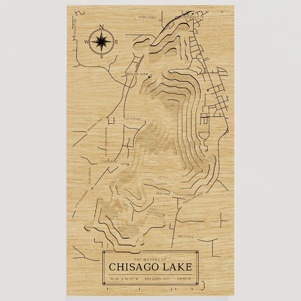 Chisago Lake 3D wood map, front view