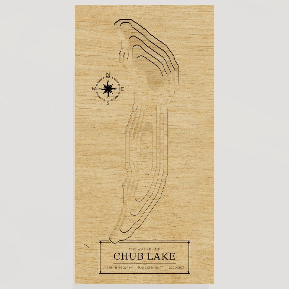 Chub Lake 3D wood map, front view