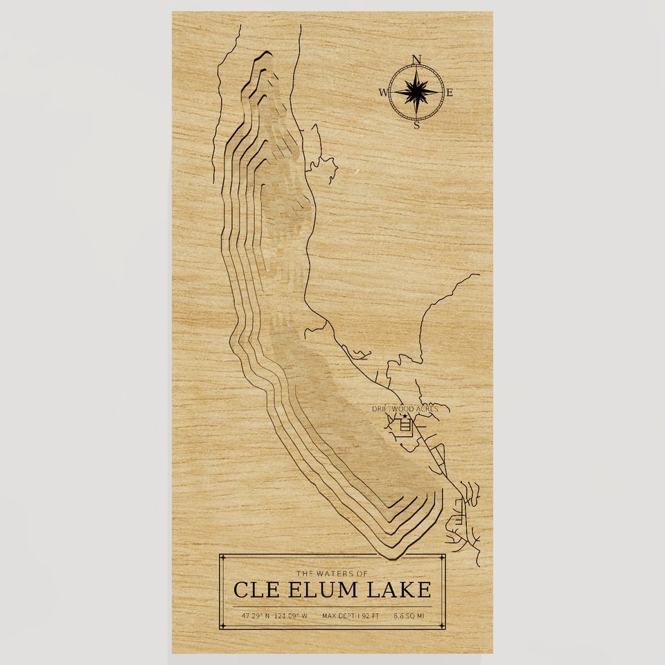 Cle Elum Lake 3D wood map, front view
