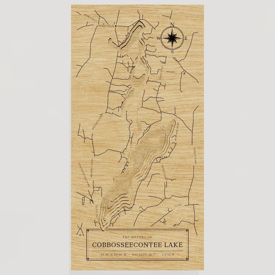 Cobbosseecontee Lake 3D wood map, front view