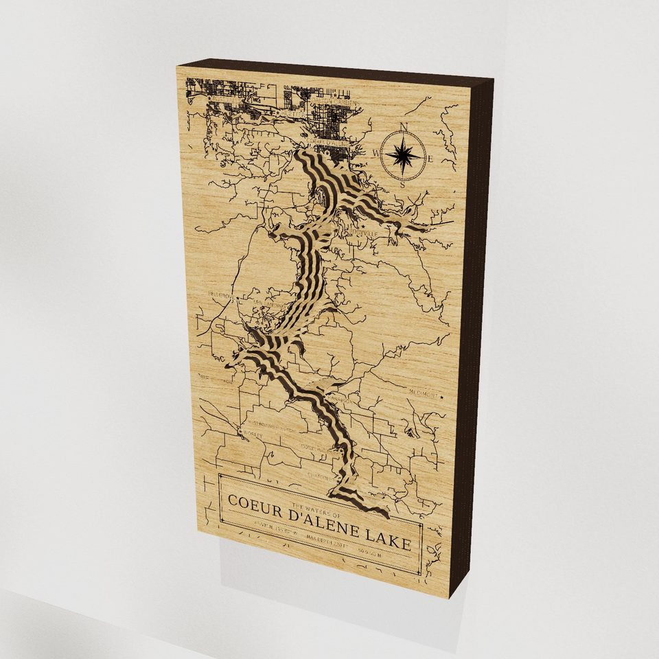 Coeur d'Alene Lake 3D wood map, hero view