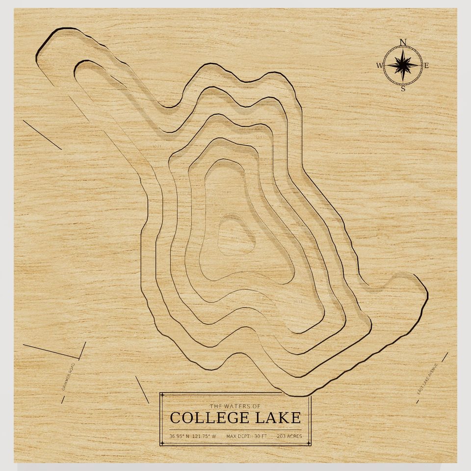 College Lake 3D wood map, front view