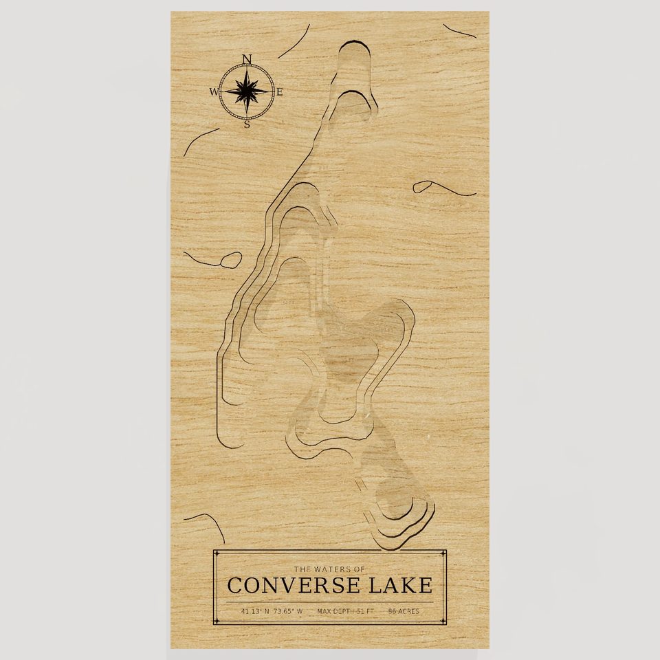 Converse Lake 3D wood map, front view