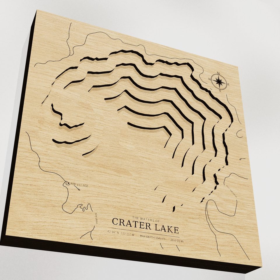 Crater Lake 3D wood map, angle low view