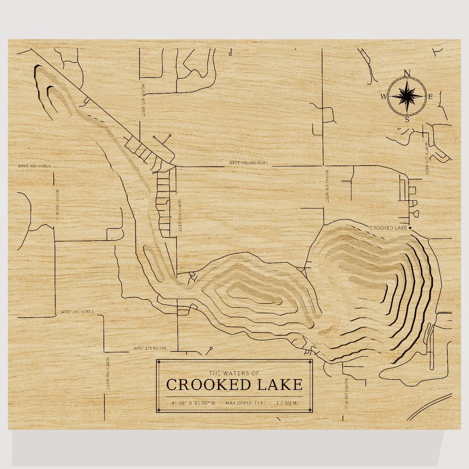 Crooked Lake 3D wood map, front view