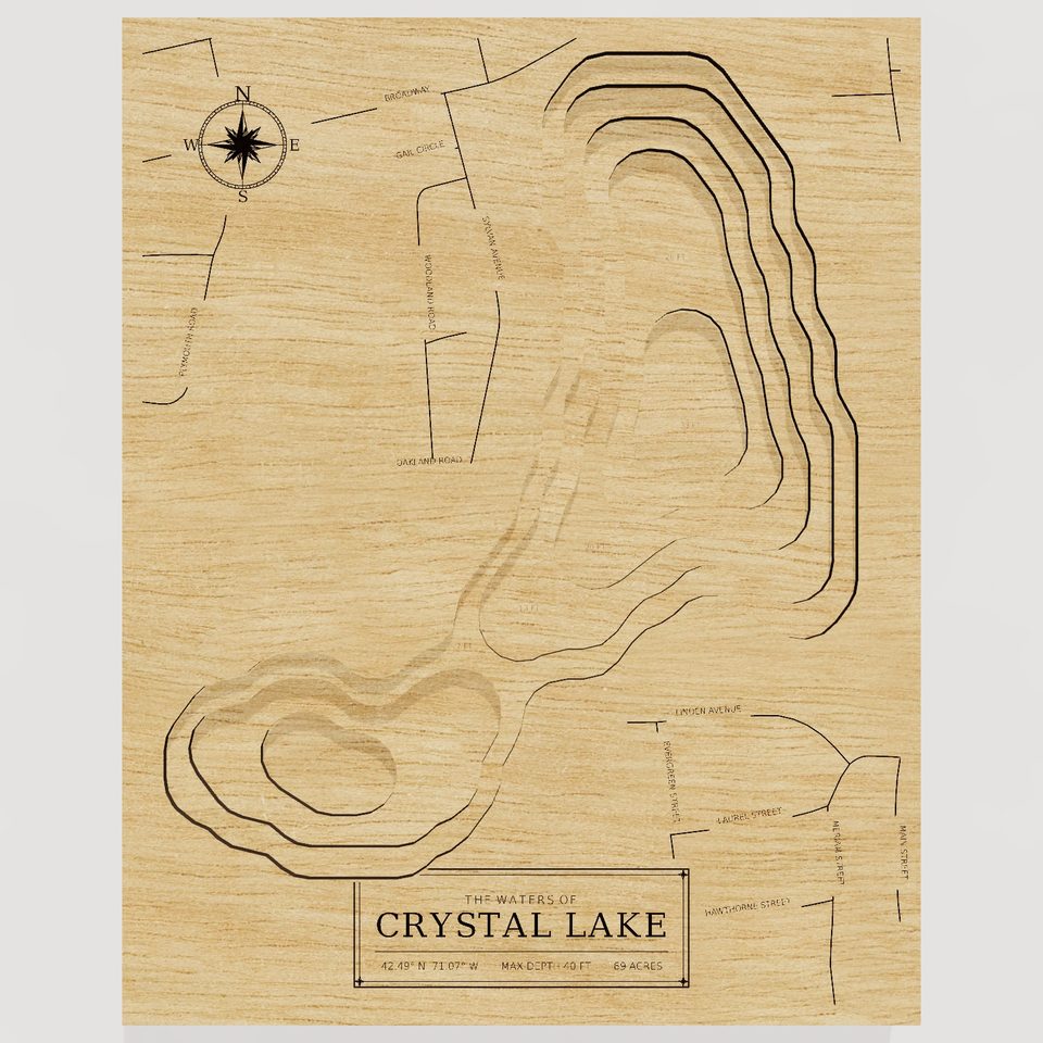 Crystal Lake 3D wood map, front view