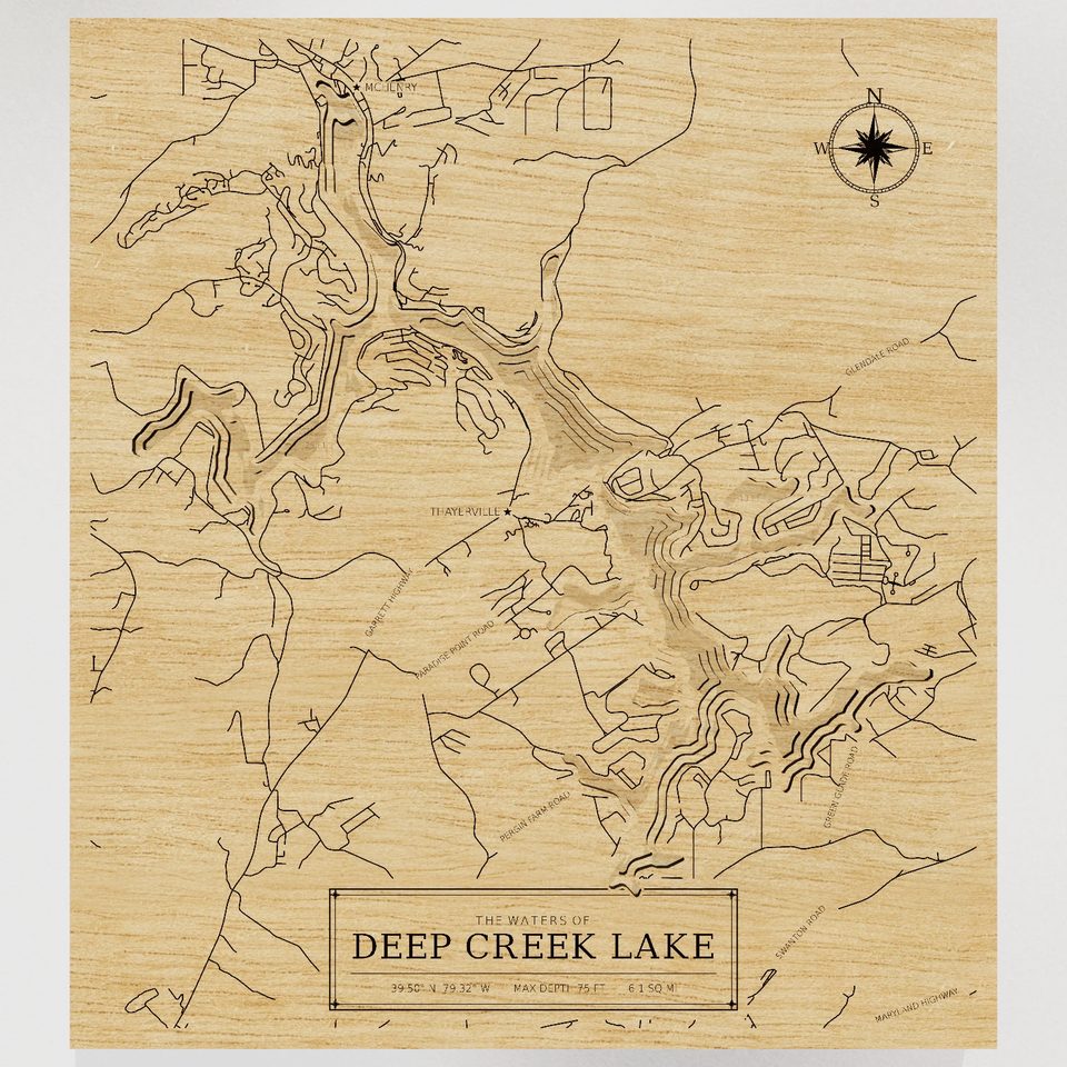 Deep Creek Lake 3D wood map, front view