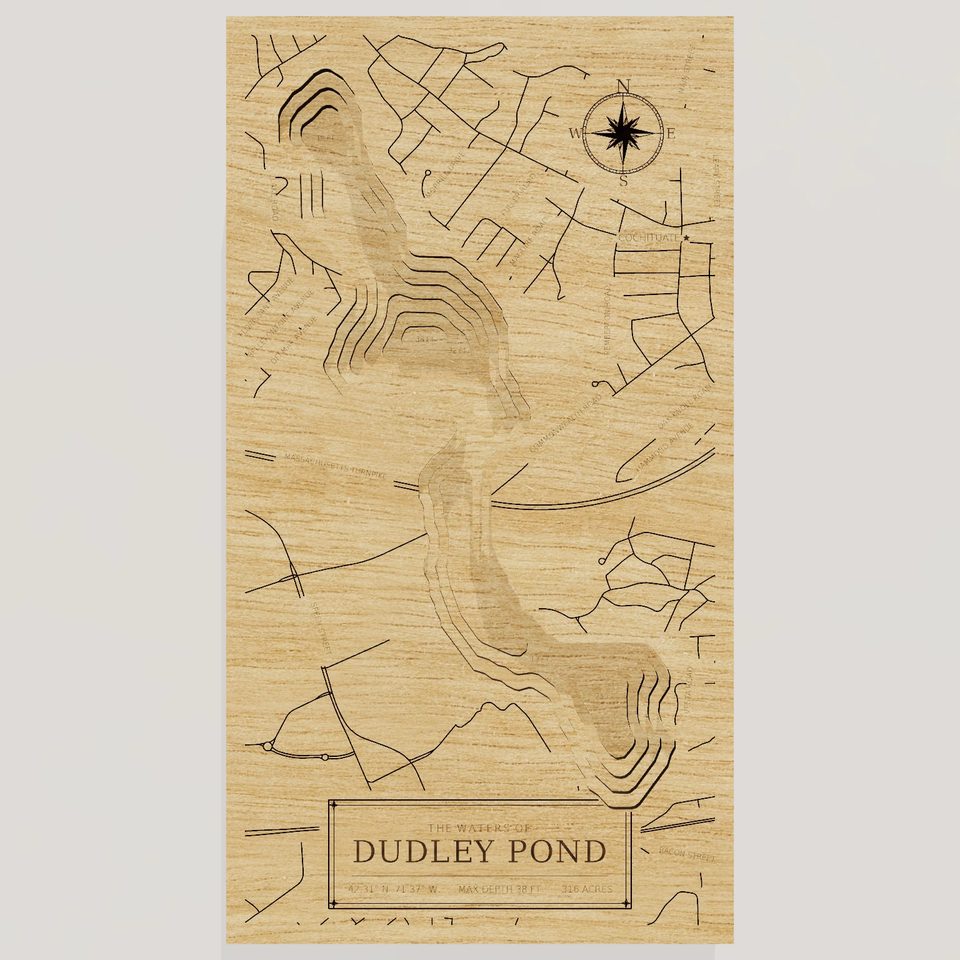 Dudley Pond 3D wood map, front view