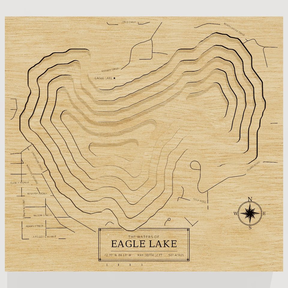 Eagle Lake 3D wood map, front view