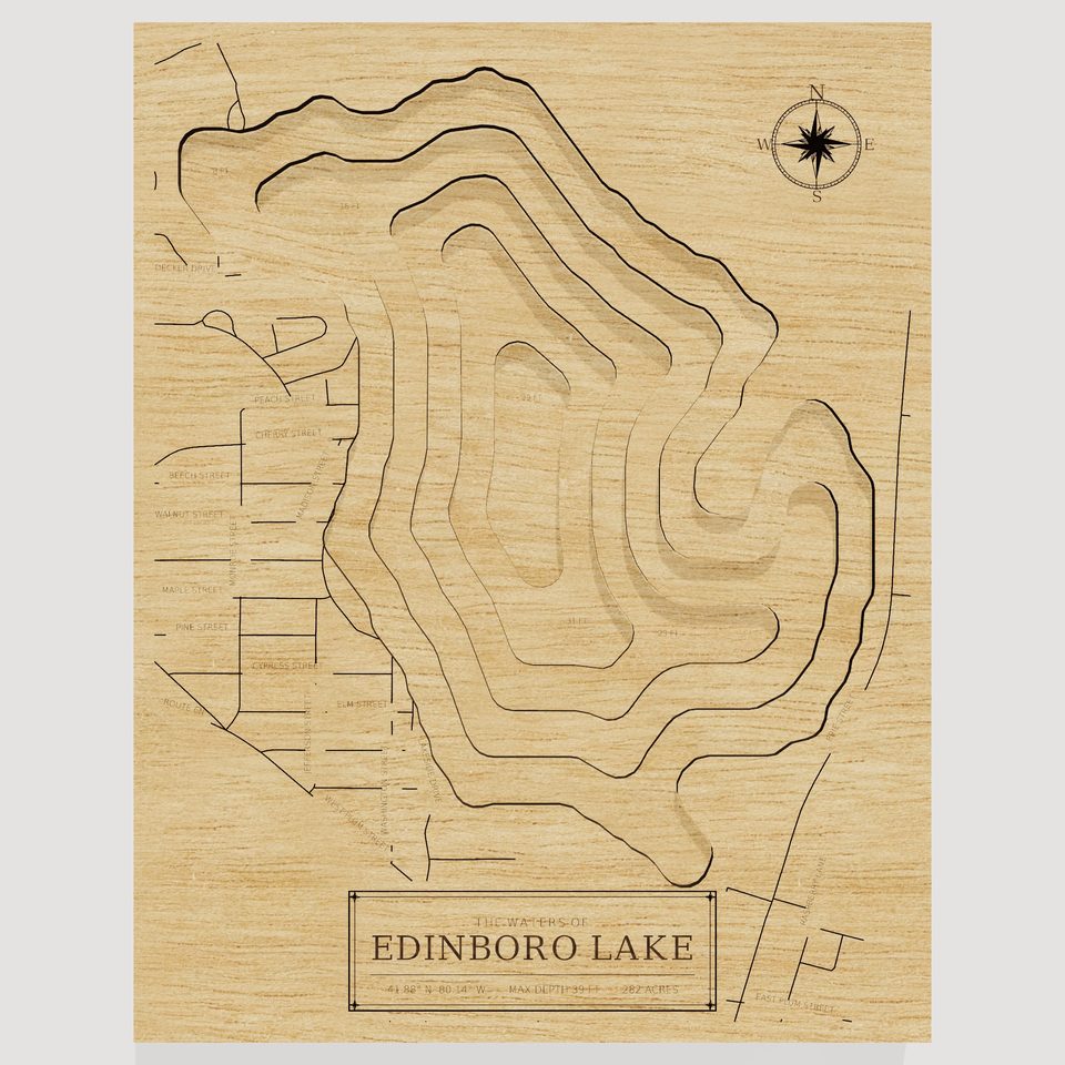 Edinboro Lake 3D wood map, front view