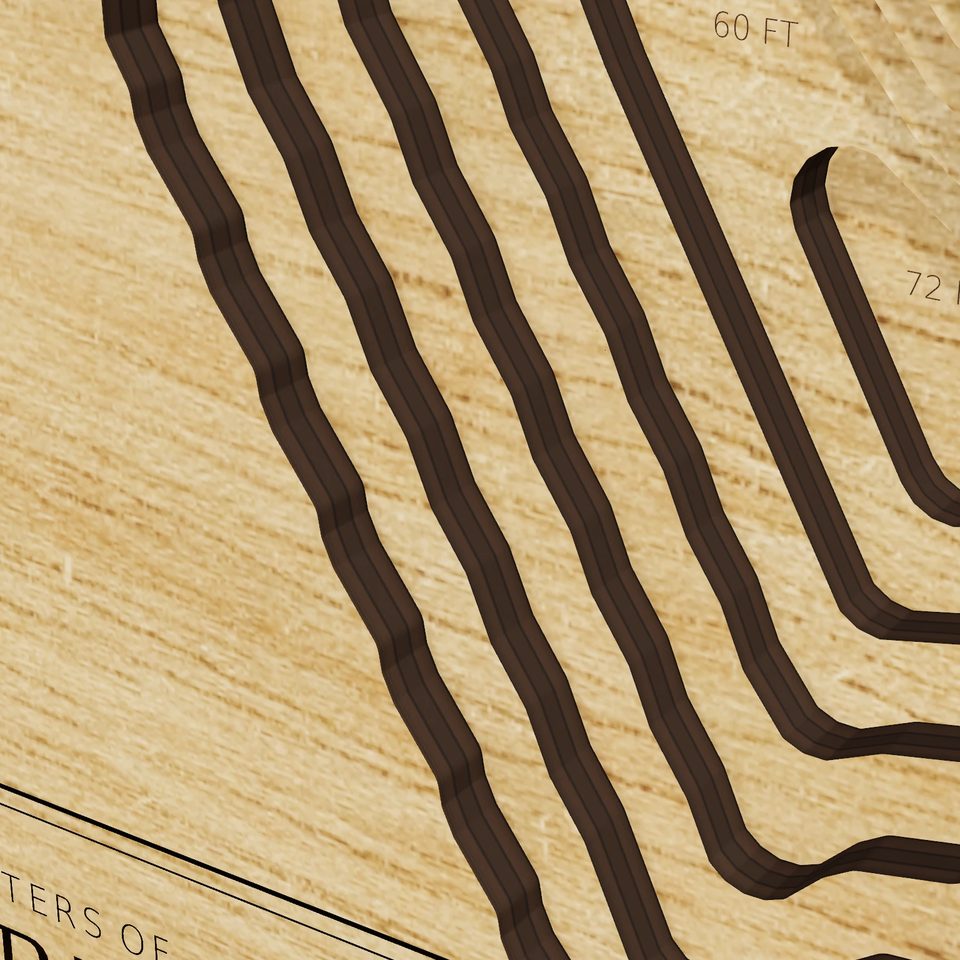 Elderberry Lake 3D wood map, detail view