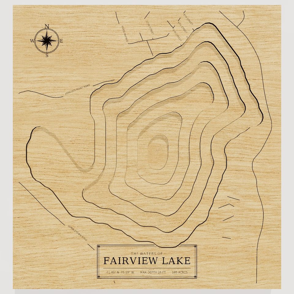 Fairview Lake 3D wood map, front view