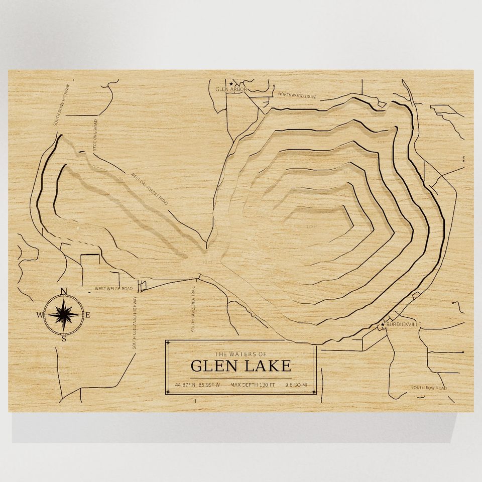 Glen Lake 3D wood map, front view