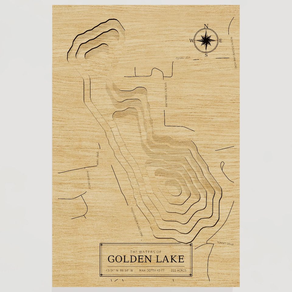 Golden Lake 3D wood map, front view