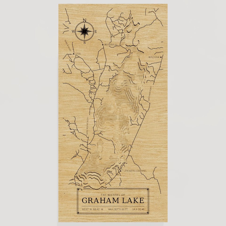 Graham Lake 3D wood map, front view