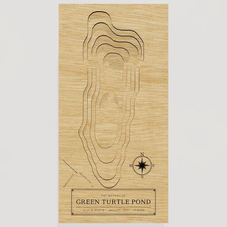 Green Turtle Pond 3D wood map, front view