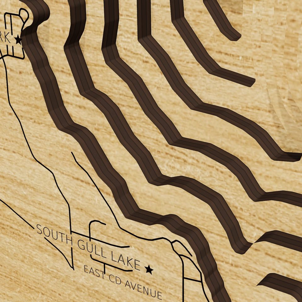 Gull Lake 3D wood map, detail view