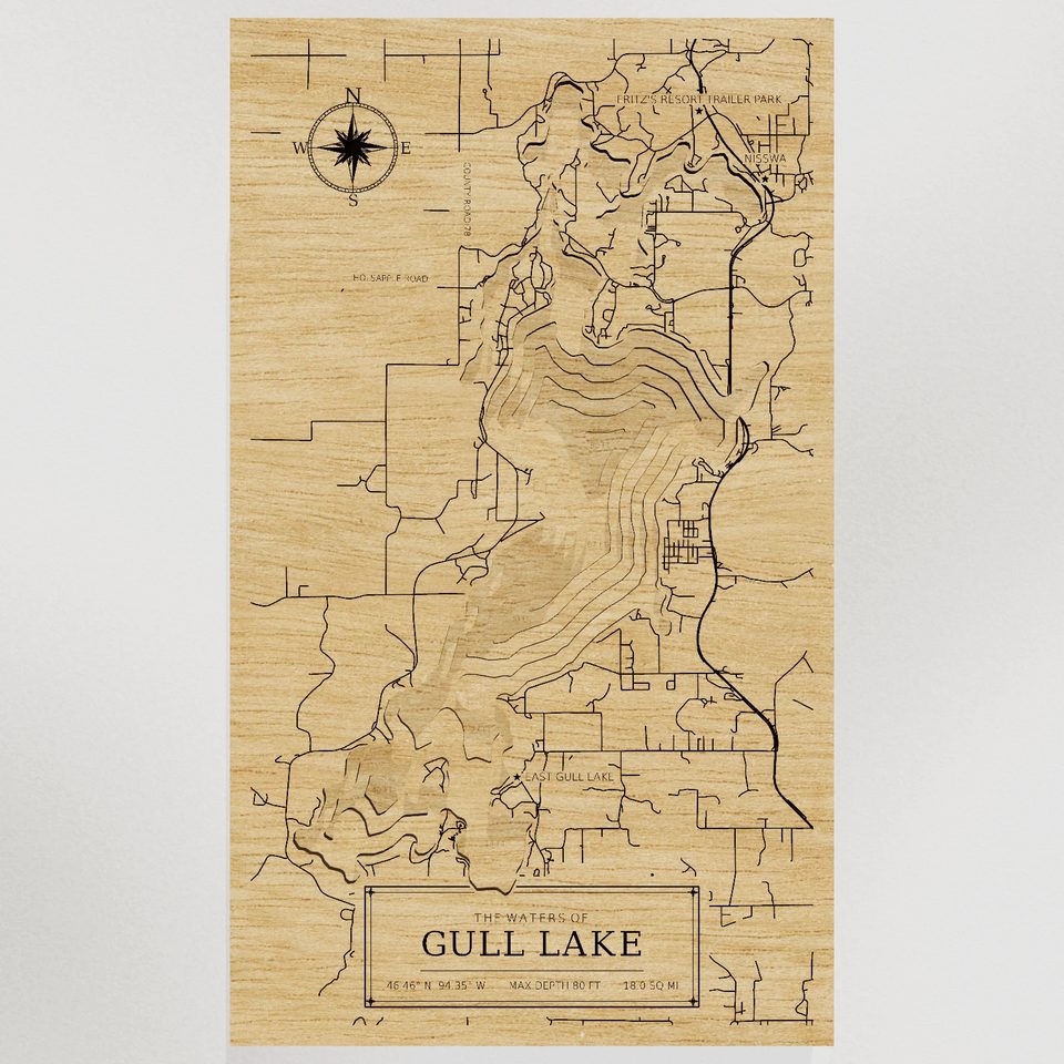 Gull Lake 3D wood map, front view
