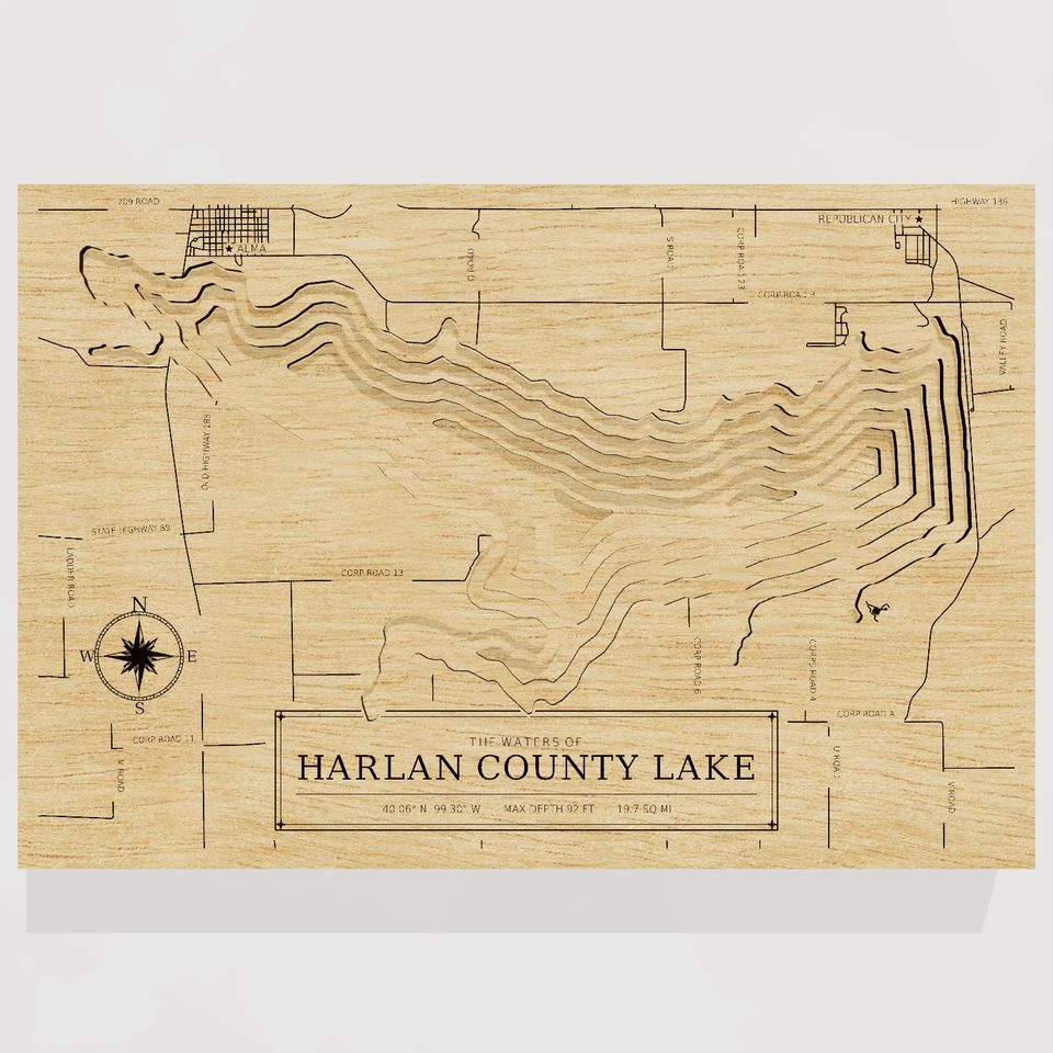 Harlan County Lake 3D wood map, front view