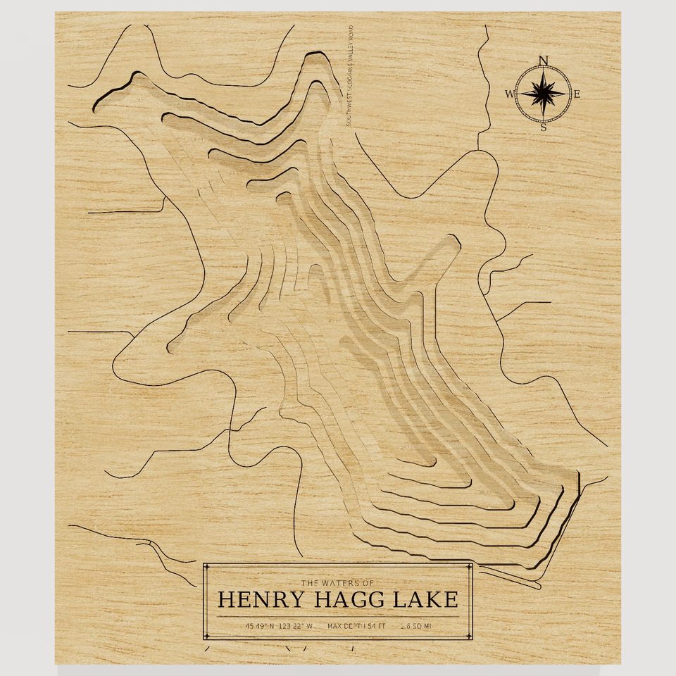 Henry Hagg Lake 3D wood map, front view