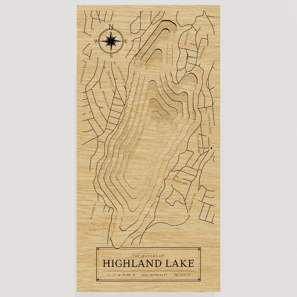 Highland Lake 3D wood map, front view