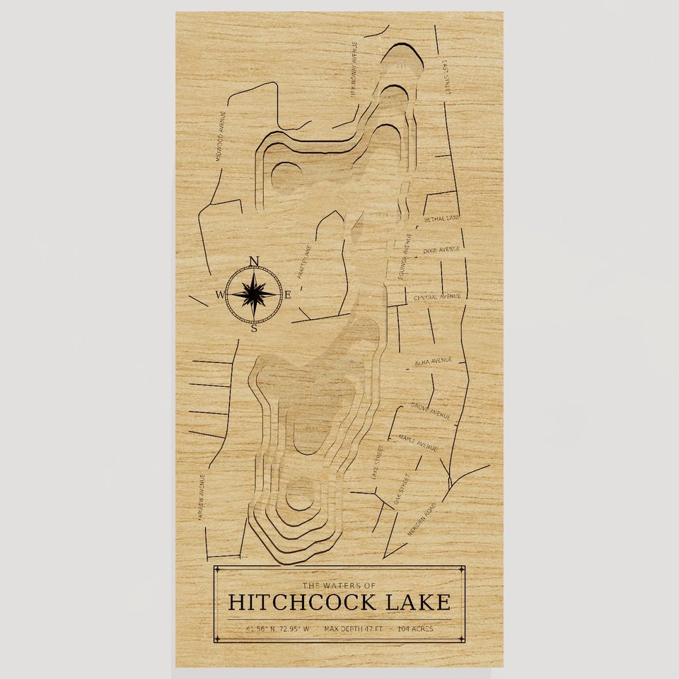 Hitchcock Lake 3D wood map, front view