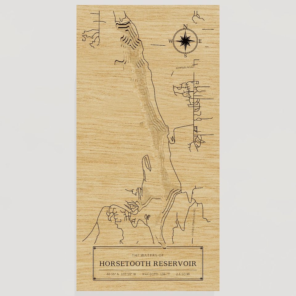 Horsetooth Reservoir 3D wood map, front view
