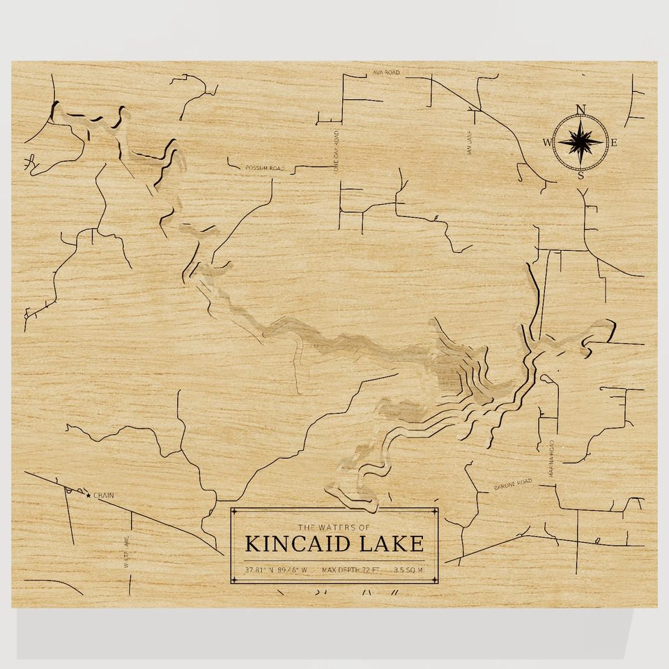 Kincaid Lake 3D wood map, front view