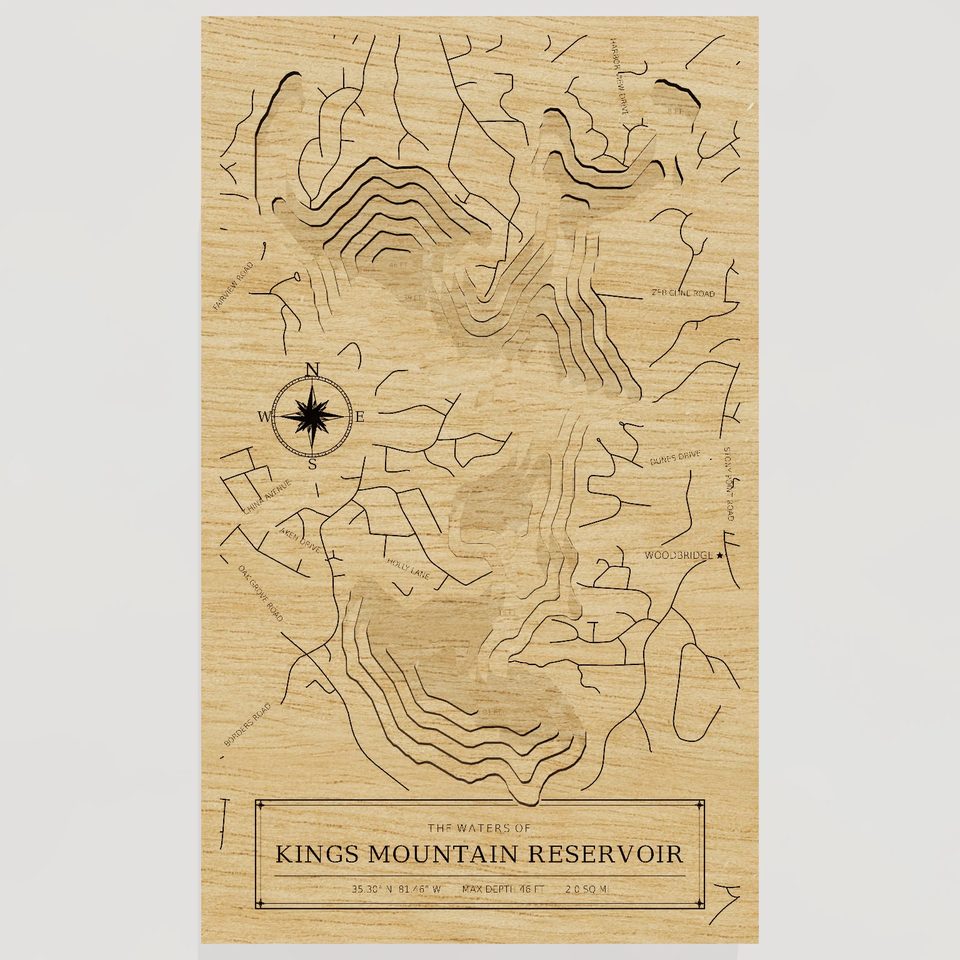 Kings Mountain Reservoir 3D wood map, front view