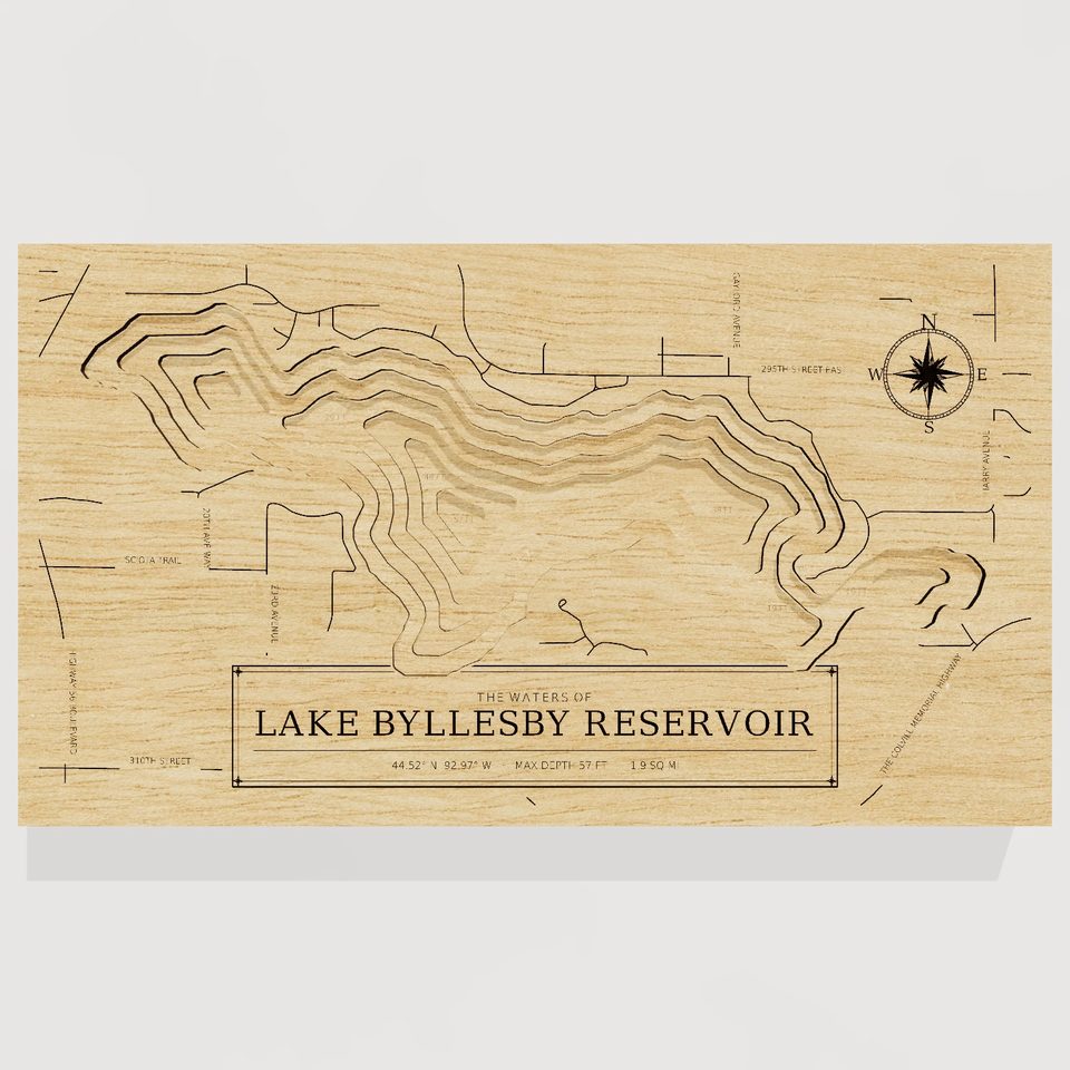 Lake Byllesby Reservoir 3D wood map, front view
