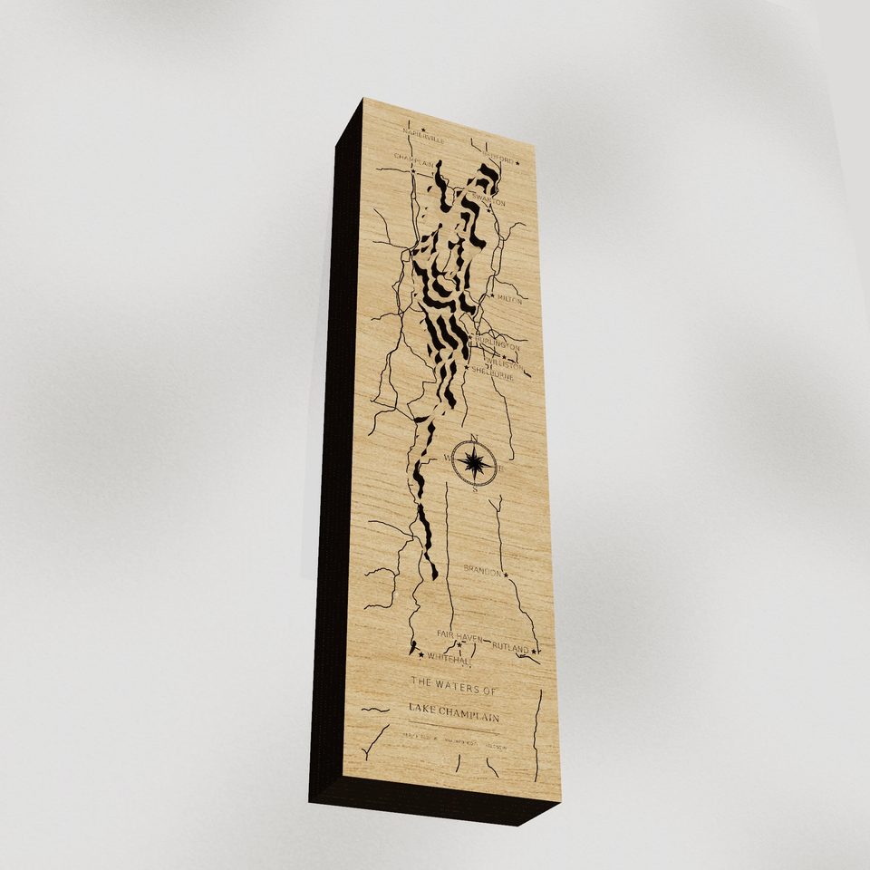 Lake Champlain 3D wood map, angle low view